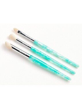 MOTD Cosmetics Makeup Brush 3-Piece Set Aqua Handles BONUS Yellow Wave Pouch